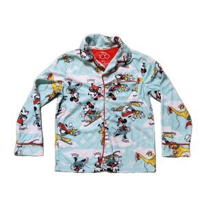 Disney 100 Mickey Mouse Blue Flannel Pajama Top Kids 6 Button Up Flame Resistant